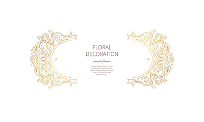 Vector floral gold decoration, frame, vignettes. Arabic and Eastern motifs. Arab ornamental illustration, flower garland. Isolated line art ornaments. Golden ornament with leaves, curls for card