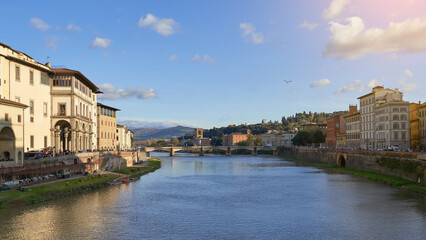 Fototapeta premium View of Arno river Florence from Ponte Vecchio with a old bridge and a flying seagull