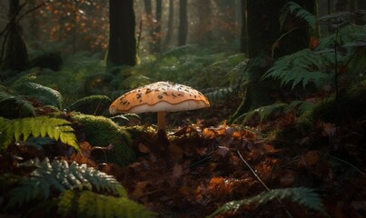  a mushroom in the middle of a forest filled with leaves.  generative ai