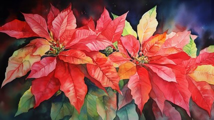 A Festive Celebration: Watercolor Poinsettias Blooming with Joy