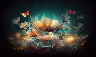  a bunch of flowers that are in the grass with butterflies.  generative ai
