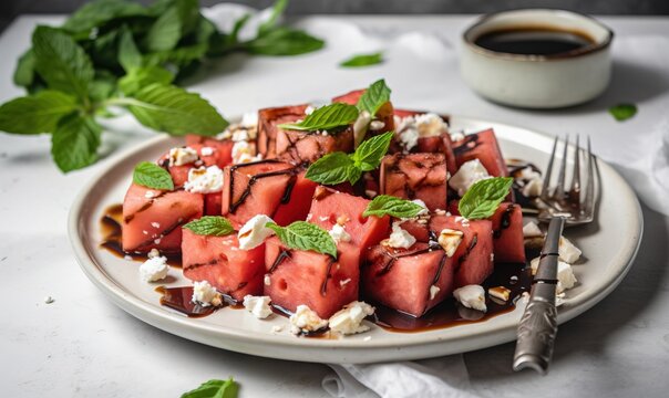  a plate of watermelon and feta salad with a cup of coffee.  generative ai