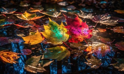  a group of colorful leaves floating on top of a pond.  generative ai