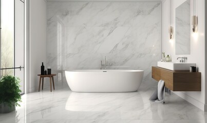  a bathroom with a large white bathtub next to a sink.  generative ai