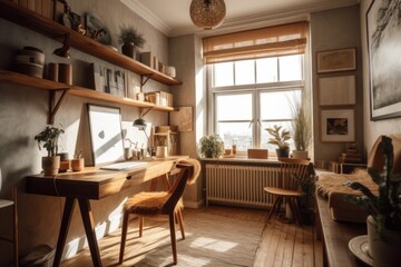 Fototapeta premium Creative Workspace Home office with Abstract Art, Generative AI