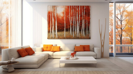 Modern minimalistic interior with autumn paint. Illustration AI Generative.
