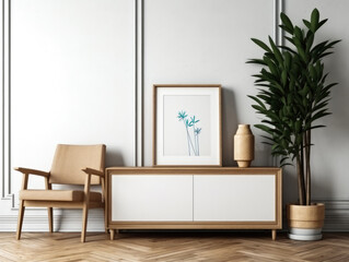 Interior of modern living room with white walls, wooden floor, comfortable armchair and wooden coffee table. Mock up poster frame. Generative Ai
