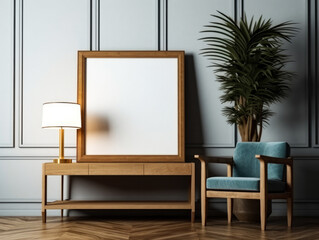 picture frame on a cabinet with scandinavian home interior, Generative Ai