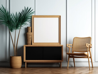 Fototapeta premium picture frame on a cabinet with scandinavian home interior, Generative Ai