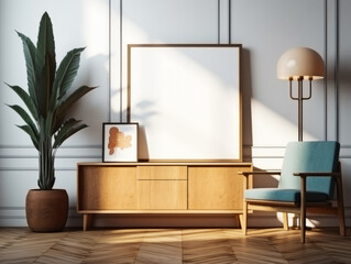 picture frame on a cabinet with scandinavian home interior, Generative Ai
