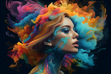 Magical colorful smoke coming out of a woman. Concept background.  - obrazy, fototapety, plakaty