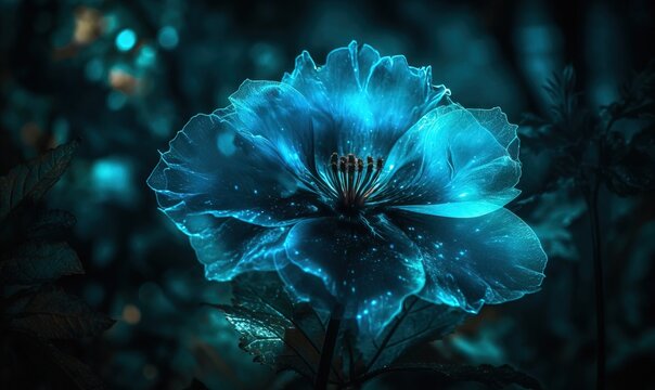  A Blue Flower With A Dark Background And A Blurry Image Of Leaves.  Generative Ai