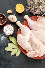 top view fresh chicken on gray background cooking dish salad color bird barbecue food dinner