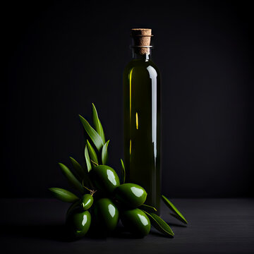 A bottle of olive oil with olives and leaves on a dark background, created with generative AI