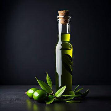 A bottle of olive oil with olives and leaves on a dark background, created with generative AI