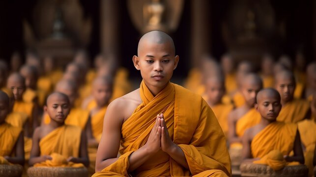 Portrait Buddhist monks praying and meditating, Generative AI Stock  Illustration | Adobe Stock