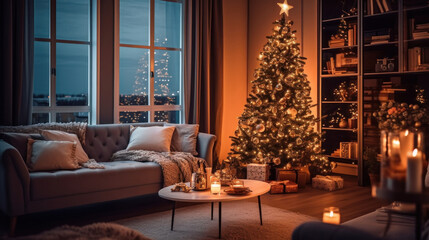 Fototapeta na wymiar Christmas tree in living room. Illustration AI Generative.