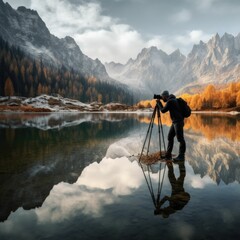 photographer capturing the beauty of a pristine mountain range, generative ai
