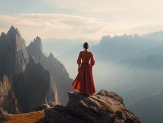Fototapeta premium person in beautiful dress on top of breathtaking mountain, generative ai