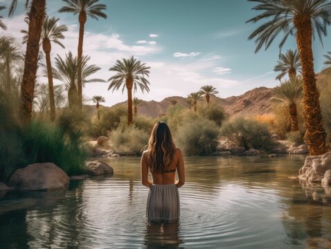 woman embracing the beauty of a desert oasis, generative ai