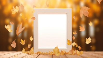 White frame with autumn leaves. Illustration AI Generative.