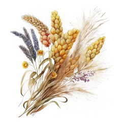 Watercolor yellow wheat ears bouquet Illustration AI Generative.