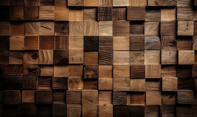  a wall made of wooden blocks with a clock on it.  generative ai