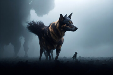 Naklejka premium Strange mysterious dog in the fog