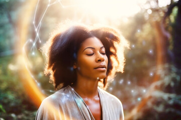 Portrait of black woman with circles of healing spirituality energy. Generative AI.
