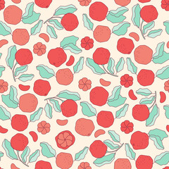 Seamless pattern with grapefruit. Vector flat cartoon illustration. Grapefruit slices with pulp and green grapefruit leaves. Bright dynamic pattern. Contour illustration
