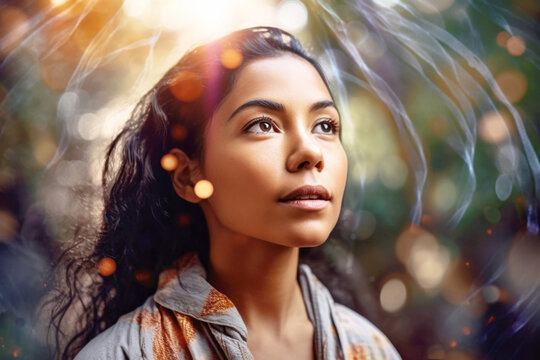 Portrait of mixed race woman with aura of healing spirituality energy. Generative AI.