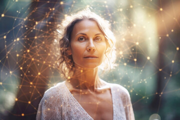 Portrait of spiritual mystical woman with aura and energy around her. Generative AI.