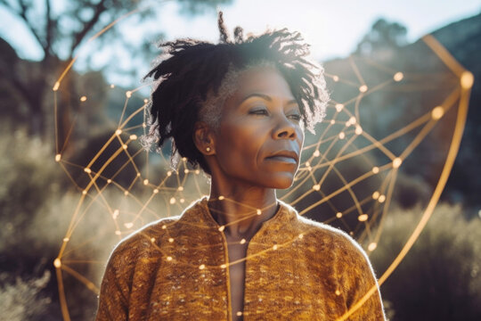 Portrait of spiritual black woman with healing light energy. Generative AI.