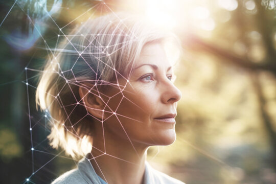 Portrait of spiritual woman connecting with quantum field healing energy. Generative AI.