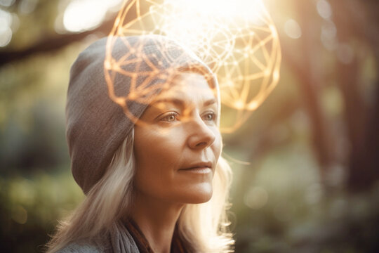 Portrait of spiritual woman connecting with quantum field energy. Generative AI.