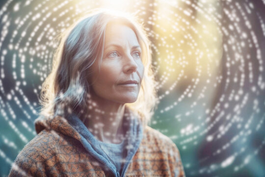 Portrait of spiritual woman with quantum field energy around her. Generative AI.