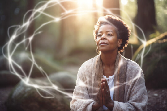 Portrait of spiritual praying black woman with healing light energy all around her. Generative AI.
