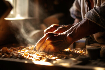 A skilled carpenter meticulously works in his sunlit workshop, showcasing his craftsmanship and expertise as he creates masterpieces in wood on a bright, sunny day. .Generative AI