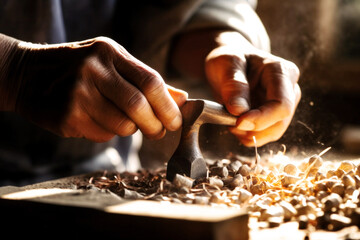 A skilled carpenter meticulously works in his sunlit workshop, showcasing his craftsmanship and expertise as he creates masterpieces in wood on a bright, sunny day. .Generative AI