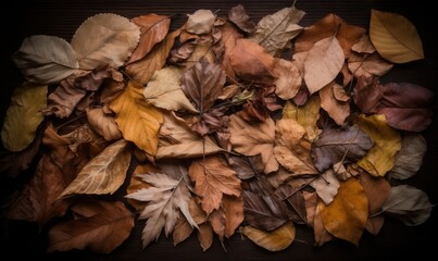  a pile of leaves on a wooden table with a black background.  generative ai