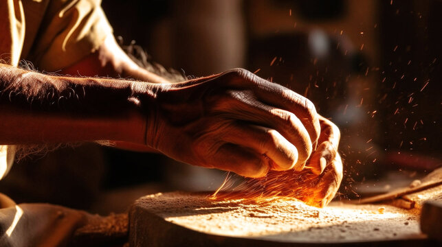 A skilled carpenter meticulously works in his sunlit workshop, showcasing his craftsmanship and expertise as he creates masterpieces in wood on a bright, sunny day. .Generative AI