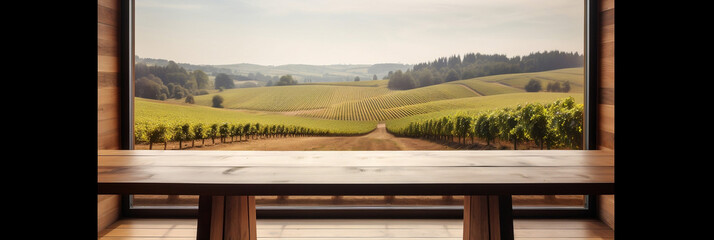 Empty wooden table, vineyard view out of open window, template for product presentation, generative ai
