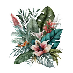 Obraz premium Watercolor tropical leaves. Illustration AI Generative.