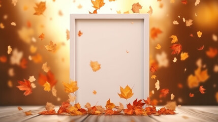 Naklejka na ściany i meble White frame with autumn leaves. Illustration AI Generative.