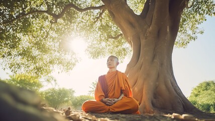 Naklejka premium Portrait Buddhist monks praying and meditating, Generative AI