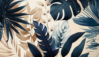tropical leaves wallpaper, dark blue and beige, background banner, mural art, watercolor illustration. Generative AI