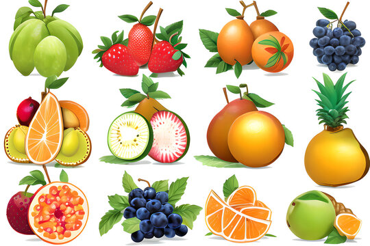A set of exotic fruits and berries ( blue grapes, orange, strawberry, apple ) with green
leaves isolated on a white background.
Generative AI.