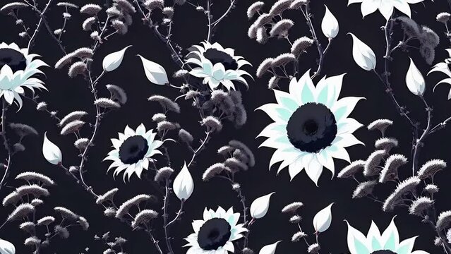 Vintage flowers composition. Floral background with lot of colorful flowers in retro style. Bright animation with illustrations transformations and metamorphose. AI generated video