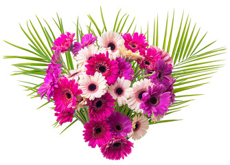 PNG. Bouquet of pink and purple gerberas in the shape of a heart