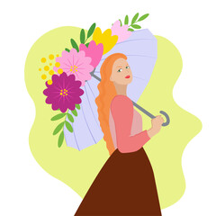 Beautiful red-haired girl with green eyes, holding an umbrella with flowers